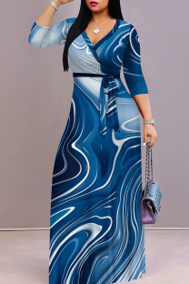 Blue Celebrities Print Patchwork Strap Design V Neck Long Dresses