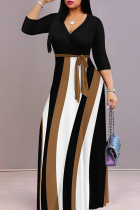 Black Casual Print Patchwork Strap Design V Neck Long Dresses