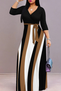 Black Casual Print Patchwork Strap Design V Neck Long Dresses
