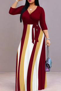 Burgundy Casual Print Patchwork Strap Design V Neck Long Dresses