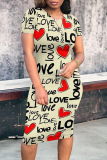 Cream White Casual Daily Letter Print Love Print Contrast O Neck Printed Short Sleeve Dress