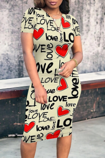 Cream White Casual Daily Letter Print Love Print Contrast O Neck Printed Short Sleeve Dress