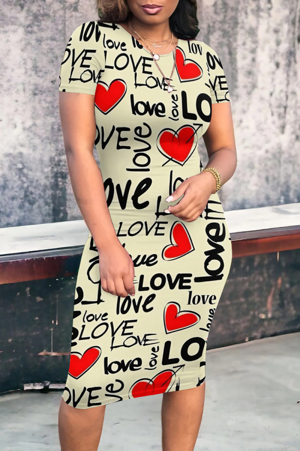 Cream White Casual Daily Letter Print Love Print Contrast O Neck Printed Short Sleeve Dress