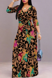 Brown Casual Floral Print Lace Up V Neck Printed Dresses