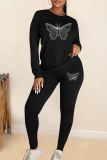 Black Casual Butterfly Patchwork Hot Drill O Neck Long Sleeve Two Pieces