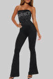 Black Sexy Letters Patchwork Backless Hot Drill Strapless Skinny Jumpsuits