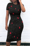 Cream White Casual Daily Letter Print Love Print Contrast O Neck Printed Short Sleeve Dress