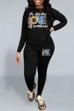 Black Casual Print Patchwork O Neck Long Sleeve Two Pieces