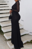 Black Celebrities Solid Color Hollow Out Patchwork Half A Turtleneck Long Dresses