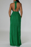 Black Celebrities Solid Color Hollow Out Patchwork Backless Pleated O Neck Long Dresses