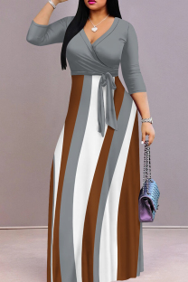 Grey Casual Print Patchwork Strap Design V Neck Long Dresses