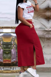 White Red Casual Letters Pocket Lace Up Patchwork Slit O Neck Two Pieces