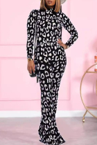Black And White Casual Print Patchwork Half A Turtleneck Long Sleeve Two Pieces