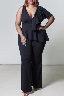 Black Casual Solid Color Patchwork Ruffle V Neck Plus Size Jumpsuits