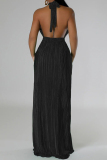 Black Celebrities Solid Color Hollow Out Patchwork Backless Pleated O Neck Long Dresses