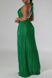 Black Celebrities Solid Color Hollow Out Patchwork Backless Pleated O Neck Long Dresses