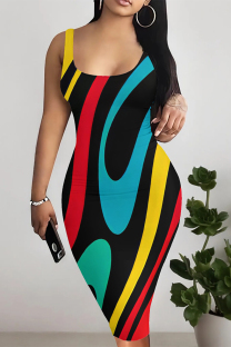 Colour Sexy Geometric Print Contrast U Neck Printed Dresses
