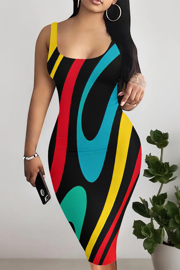 Colour Sexy Geometric Print Contrast U Neck Printed Dresses