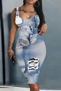 Blue Casual Faux Denim Print Basic U Neck Vest Dresses