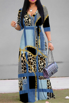 The cowboy blue Casual Street Leopard Print Zebra Print Chain print Lace Up Contrast V Neck Printed Dresses