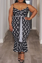 Black Sexy Leopard Print Patchwork Backless Strap Design Spaghetti Strap Sling Plus Size Dresses