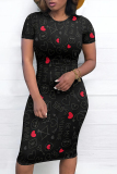 Cream White Casual Daily Letter Print Love Print Contrast O Neck Printed Short Sleeve Dress