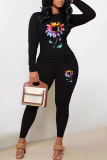 Black Casual Print Patchwork O Neck Long Sleeve Two Pieces
