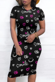 Cream White Casual Daily Letter Print Love Print Contrast O Neck Printed Short Sleeve Dress