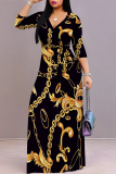Black Casual Street Geometric Print Chain print Lace Up V Neck Printed Dresses