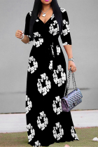 Black Casual Floral Print Lace Up V Neck Printed Dresses