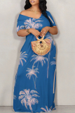 Baby Blue Casual Tropical Print Contrast Off Shoulder Printed Dresses