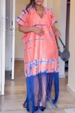 Tangerine Red Casual Print Fringed Trim V Neck Printed Dresses