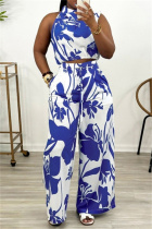 Blue Casual Print Pocket Turtleneck Sleeveless Two Pieces