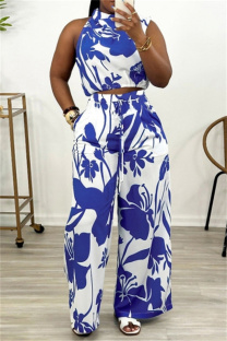 Blue Casual Print Pocket Turtleneck Sleeveless Two Pieces