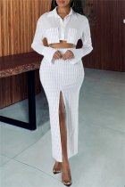 White Casual Striped Print Patchwork Slit Turndown Collar Long Sleeve Two Pieces