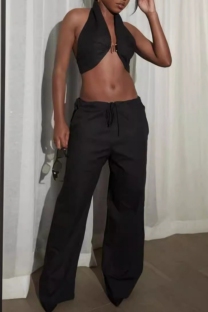 Black Sexy Casual Solid Color Backless Halter Sleeveless Two Pieces
