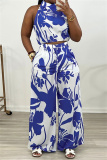 Blue Casual Print Pocket Turtleneck Sleeveless Two Pieces