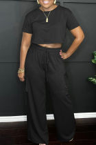 Black Casual Solid Color Draw String Pocket Patchwork O Neck Short Sleeve Two Pieces