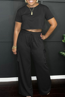Black Casual Solid Color Draw String Pocket Patchwork O Neck Short Sleeve Two Pieces