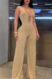 Apricot Sexy Casual Solid Color Backless Strapless Bodycon Jumpsuits