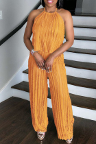 Orange Casual Solid Color Backless Belted Halter Sleeveless Two Pieces