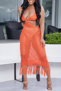 Orange Sexy Solid Color Fringed Trim Hollow Out See-Through Spaghetti Strap Beach Dresses