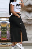 White Black Casual Letters Pocket Lace Up Patchwork Slit O Neck Two Pieces