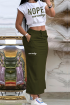 White Green Casual Letters Pocket Lace Up Patchwork Slit O Neck Two Pieces
