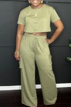 Light Green Casual Solid Color Draw String Pocket Patchwork O Neck Short Sleeve Two Pieces