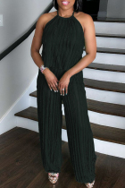 Black Casual Solid Color Backless Belted Halter Sleeveless Two Pieces