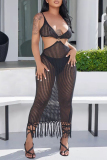 Orange Sexy Solid Color Fringed Trim Hollow Out See-Through Spaghetti Strap Beach Dresses