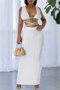 White Sexy Casual Solid Color Backless Cross Straps Deep V Neck Sleeveless Two Pieces