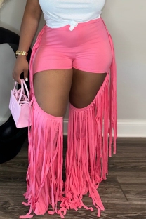 Pink Casual Solid Color Fringed Trim Hollow Out Skinny High Waist Conventional Solid Color Trousers