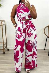 Rose Red Casual Print Pocket Turtleneck Sleeveless Two Pieces